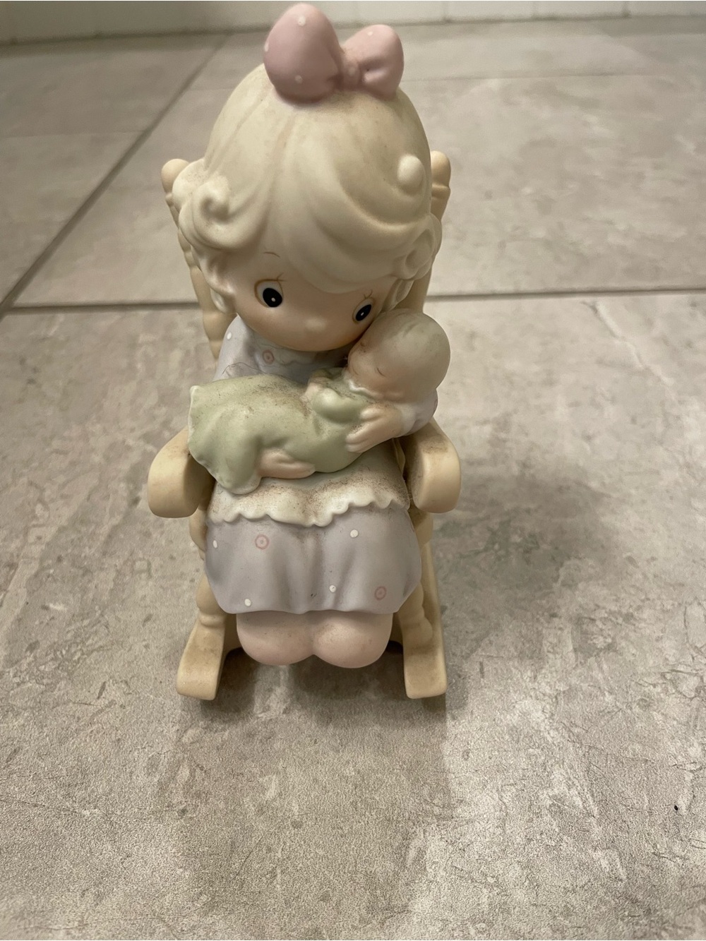 Precious Moments Porcelain Girl Rocking Baby in Pink Bow and Cream Tones
